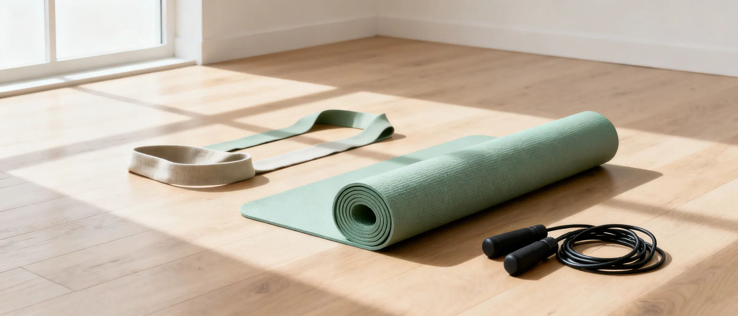 A yoga mat, a pair of resistance bands and a jump rope on a pale wooden floor in morning light