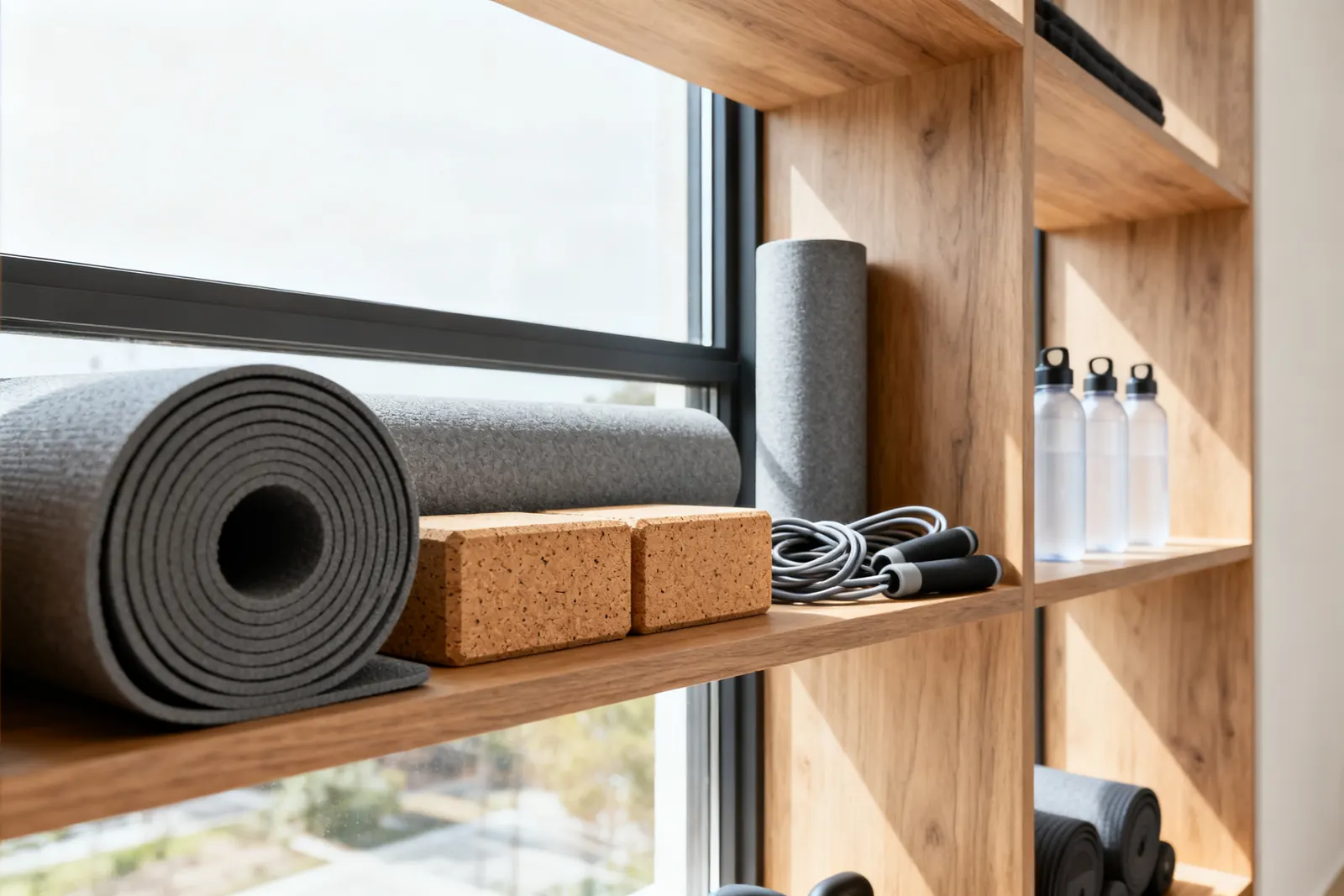 Foam rollers, yoga blocks and jump ropes on shelves by a window